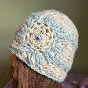 Handcrafted wool Cream and Blue Crochet beanie medium new